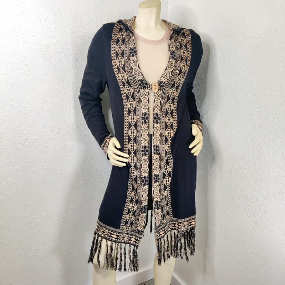 Lucky Brand Boho Long Cardigan Duster Hood Fringe Hem Sz M Sweater Jacket Black